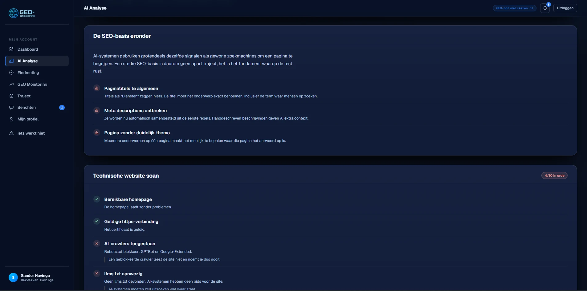 De technische website-scan met tien controlepunten, waaronder toegang voor AI-crawlers, schema en een FAQ, elk met de gevolgen erbij